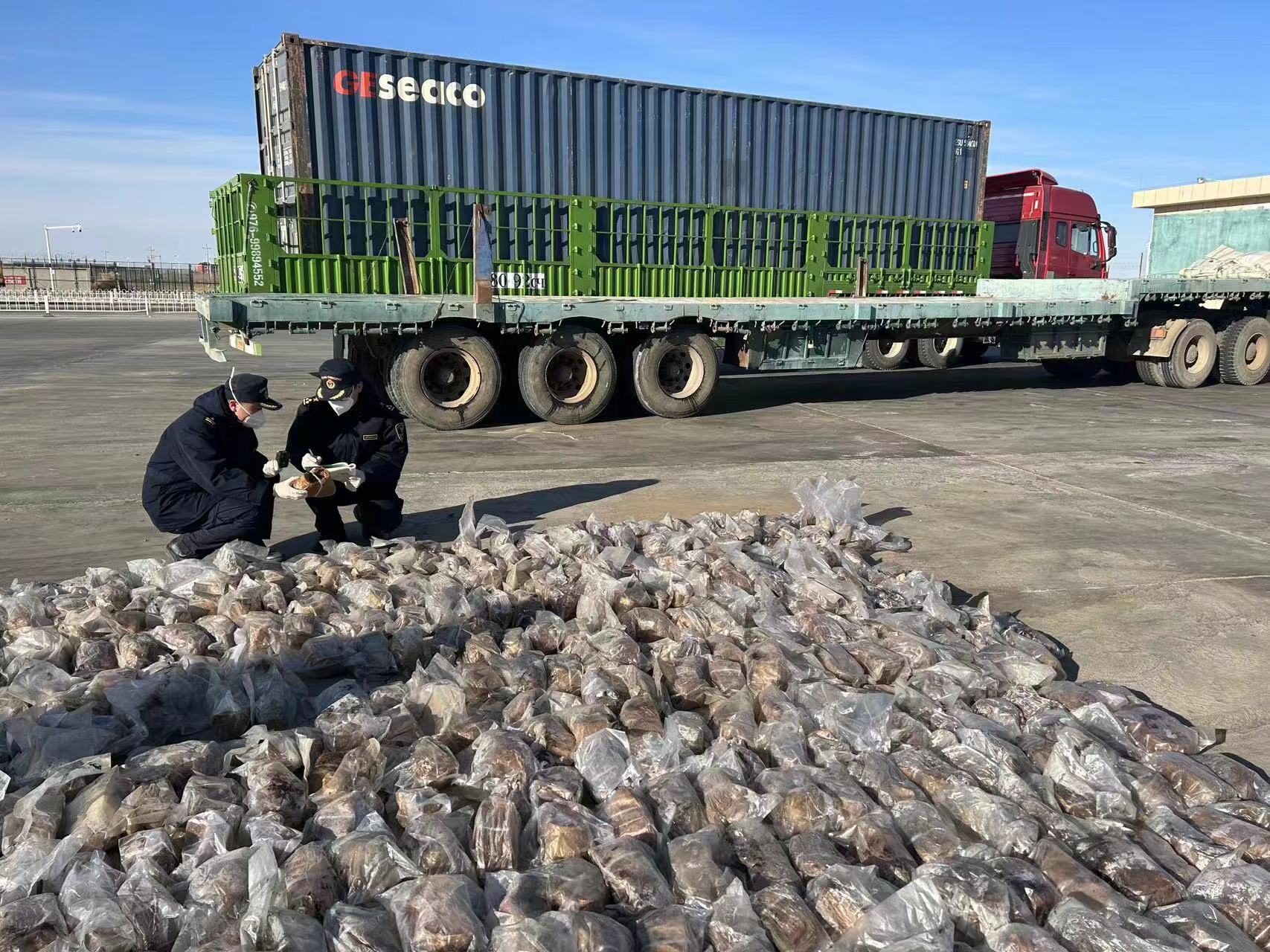 二连浩特公路口岸入境车辆内查获大量走私马肠衣